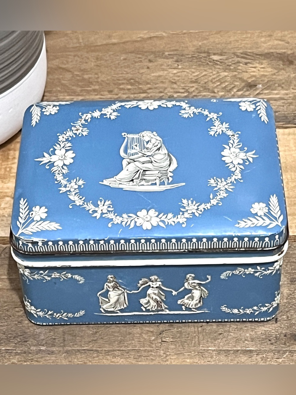 Vintage Wedgwood Style Blue Jasperware Tin Box Neoclassical Woman Harp Holland